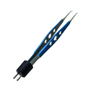 Iris Style Bipolar Forceps, Titanium, Angled 45 Degrees, 0.4mm Tip, Without Platforms, 10mm High Polish Area, Three Hole Handle, Overall Length 4-1/4" (108mm) 